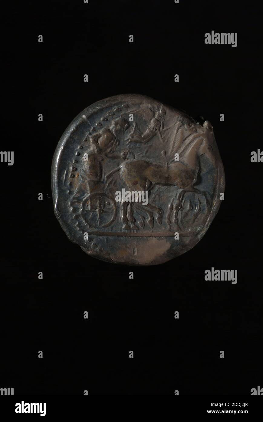 Vista inversa moneta greca, Siracusa, monete antiche e medievali, Numismatica, animale, Cavallo, Grecia antica, denaro, Chariot Foto Stock