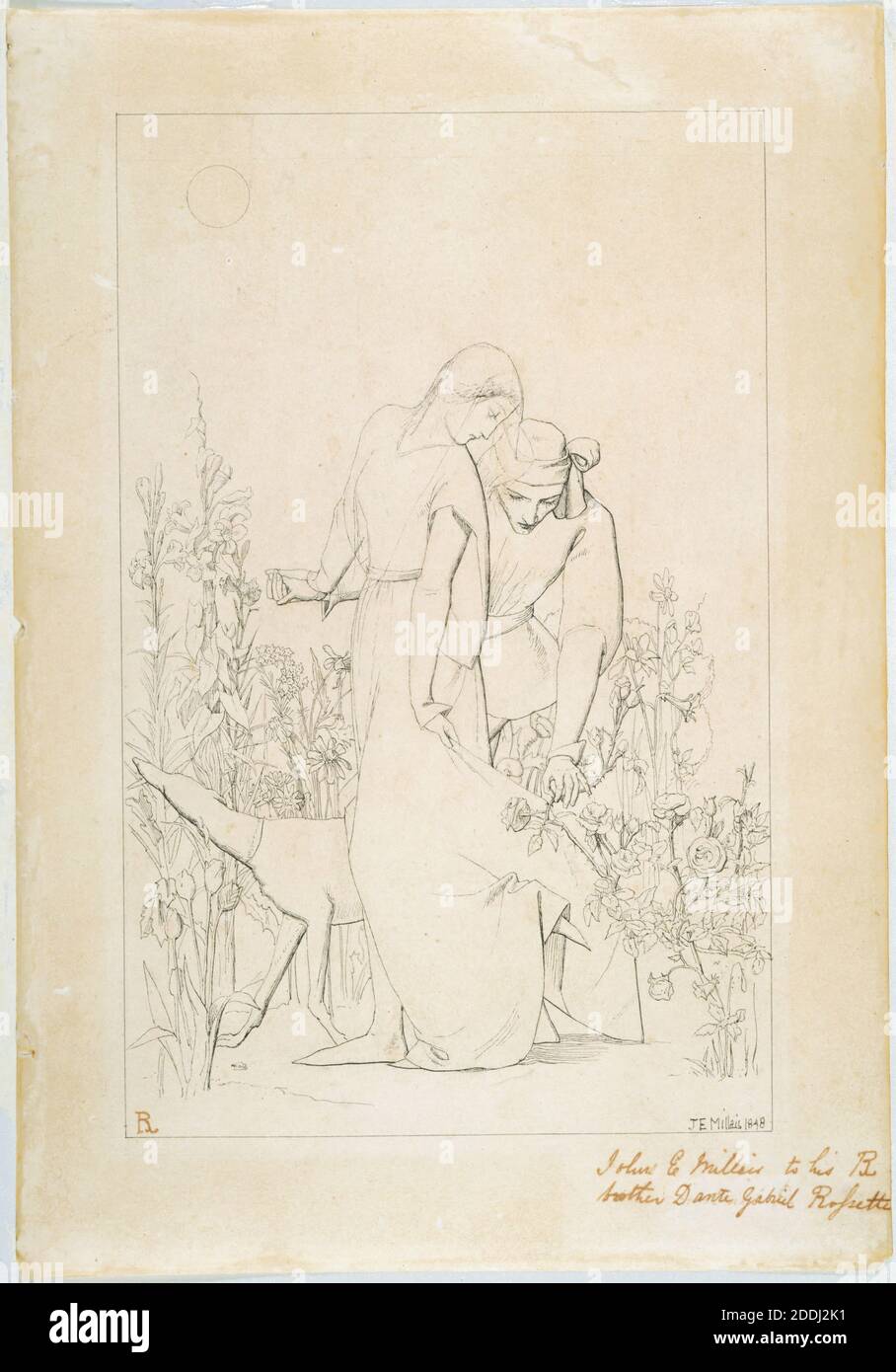 Lovers by a Rosebush, 1848 John Everett Millais, Art Movement, Pre-Raphaelite, Ink, Flower, Rose, Animal, Dog, Greyhound, Works on Paper Foto Stock