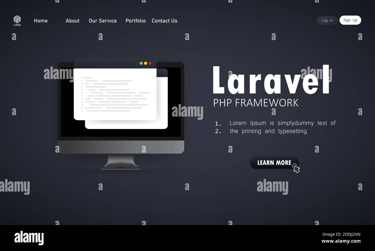 Imparare a codificare Laravel PHP Framework linguaggio di programmazione sullo schermo del computer, programmazione linguaggio illustrazione codice. Vettore su sfondo isolato Illustrazione Vettoriale
