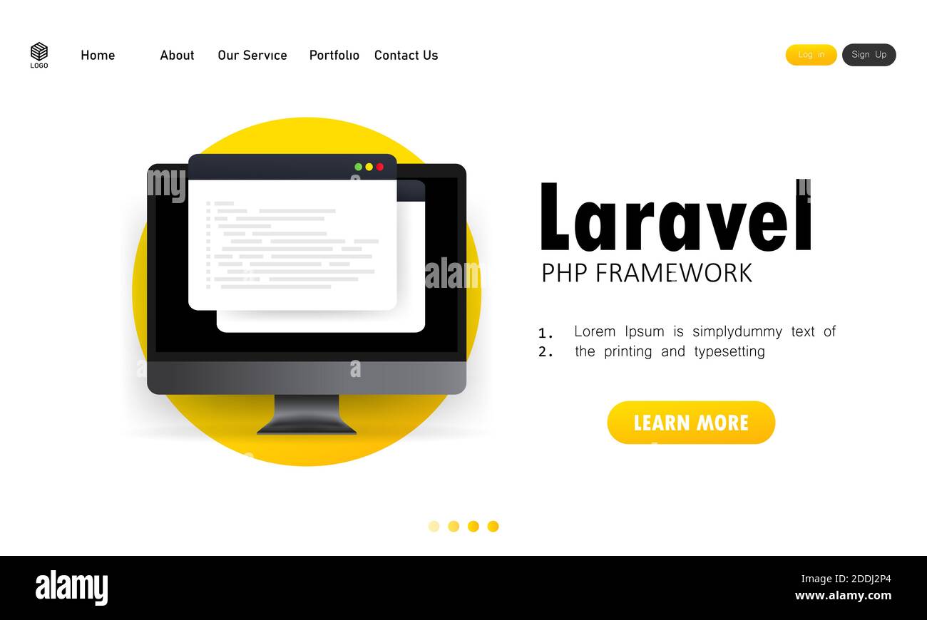 Imparare a codificare Laravel PHP Framework linguaggio di programmazione sullo schermo del computer, programmazione linguaggio illustrazione codice. Vettore su bianco isolato Illustrazione Vettoriale