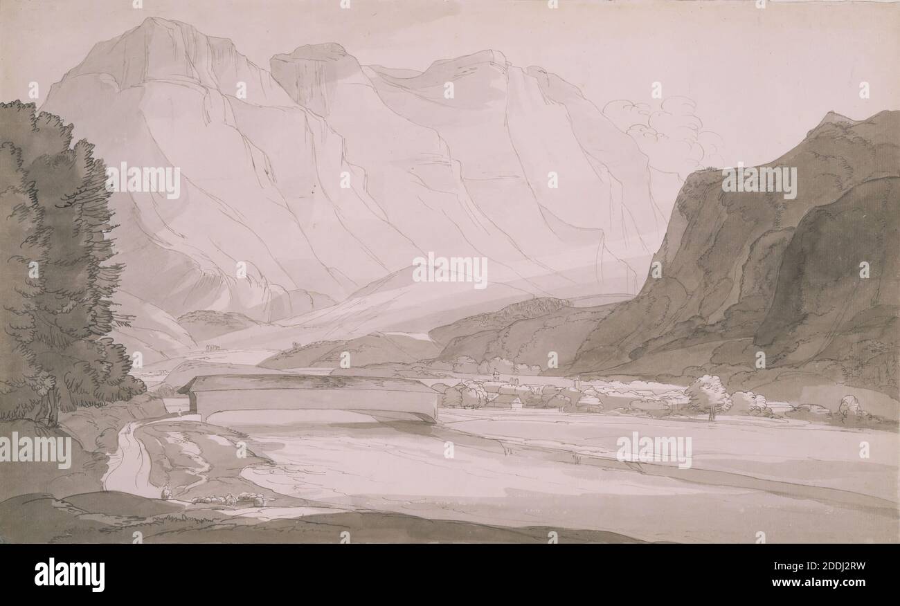 Vicino Glarona, Svizzera, 1781 Francis Towne, Paesaggio, montagna, Alpi, acquerello, inchiostro, Fiume, disegno di Lavare, Svizzera Foto Stock