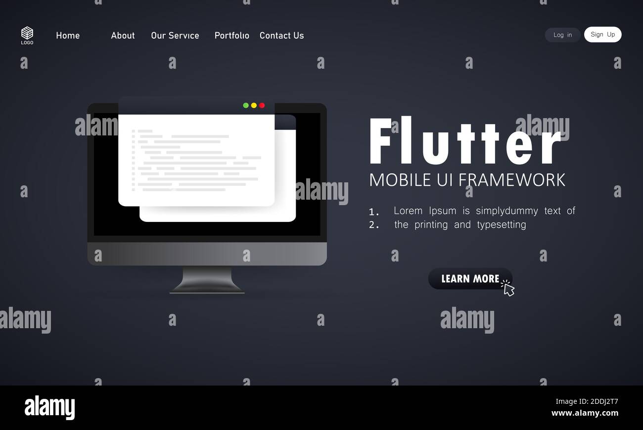 Imparare a codificare Flutter Mobile UI Framework sullo schermo del computer, programmazione codice lingua illustrazione. Vettore su sfondo bianco isolato. EPS 10 Illustrazione Vettoriale