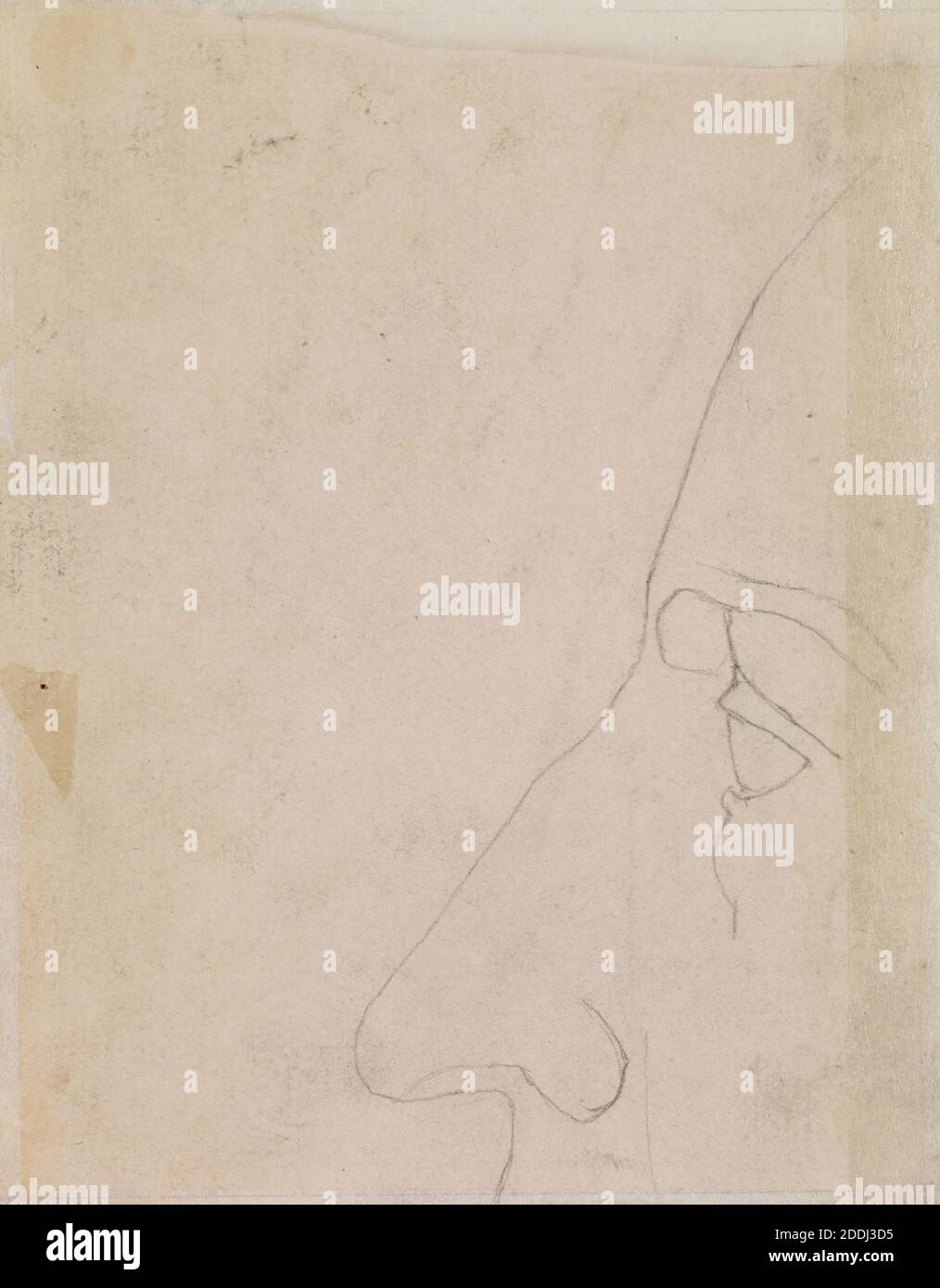 Profilo di un occhio e naso di sinistra dell'uomo, 1857 [Poeti del diciannovesimo secolo, il prigioniero di Chillon, schizzo compositivo] Ford Madox Brown (d.1893), diciannovesimo secolo, disegno, matita, carta, verso, Svizzera Foto Stock