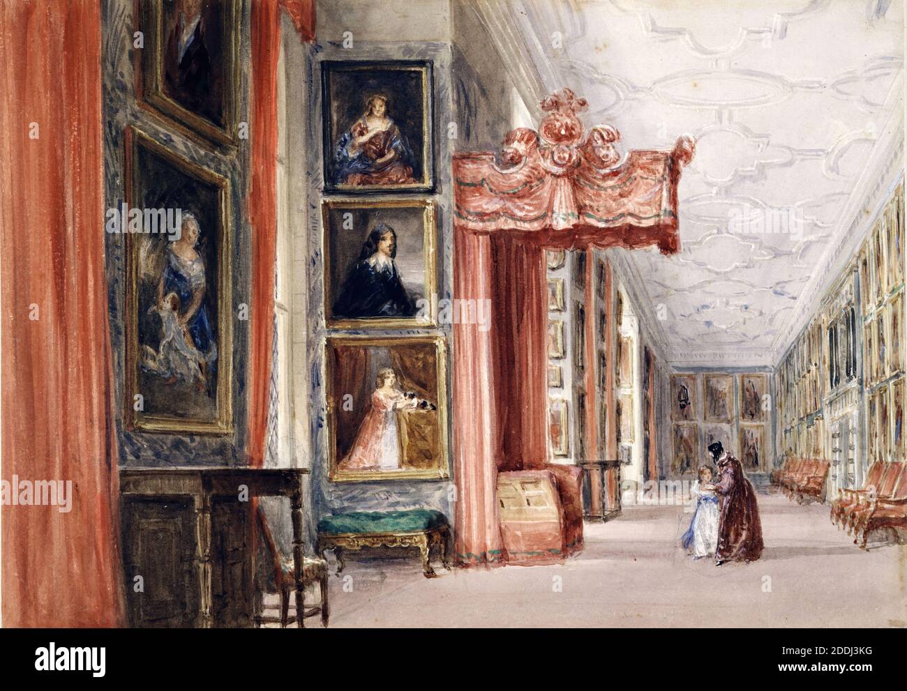 Interni della Long Gallery, Hardwick Hall, Derbyshire, 1838 David Cox, Watercolor, architettura, Interior design Foto Stock