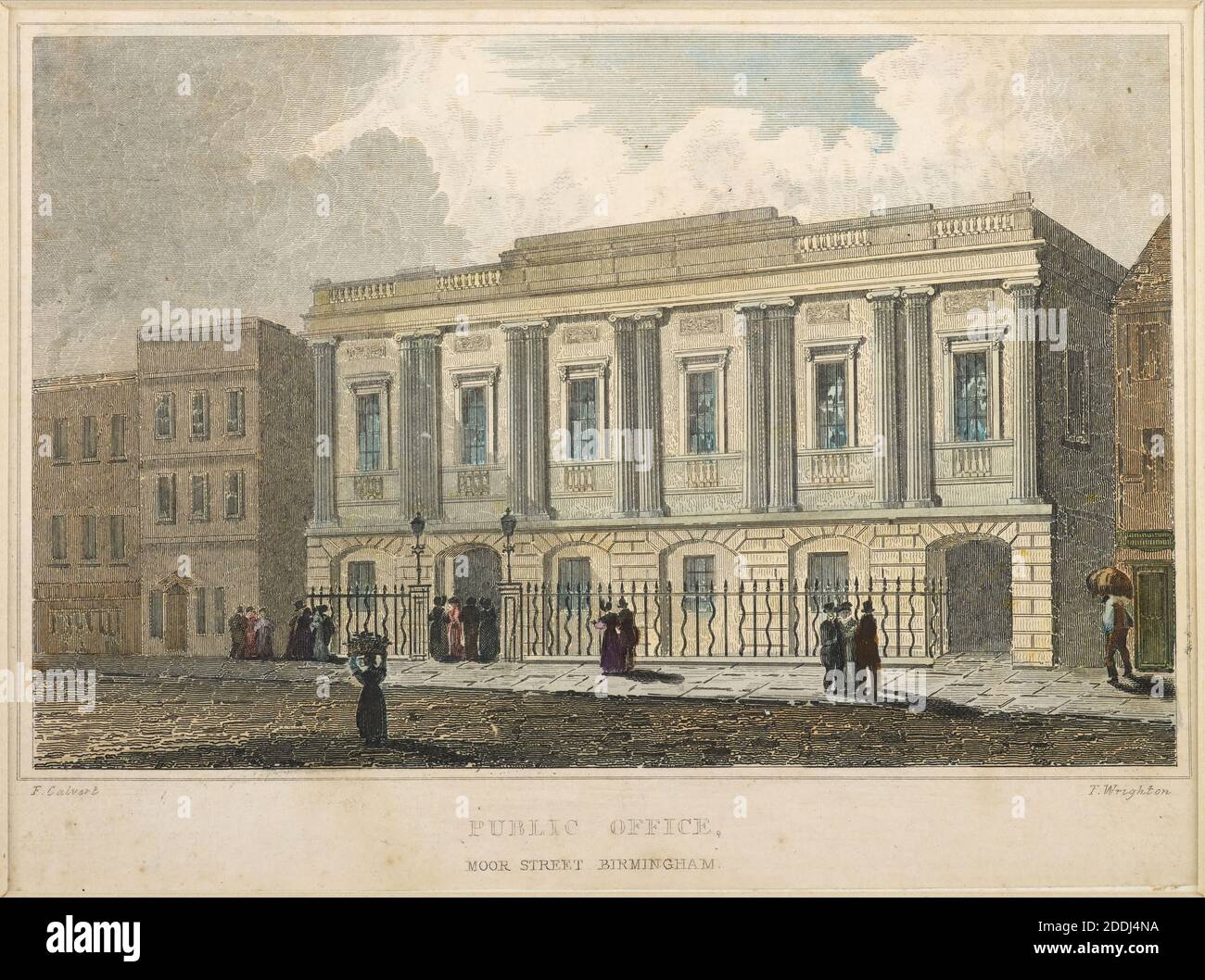 Incisione colorata a mano, Ufficio pubblico, Moor Street, Birmingham, 1830 incisore: T Wrighton dopo: Frederick Calvert Editore: William Emans, viste topografiche, Stampa, incisione, storia di Birmingham, architettura, Civic Building Foto Stock