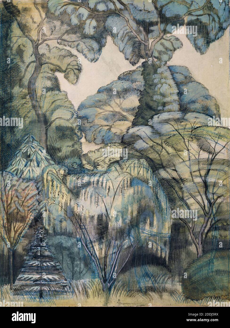 Alberi nel Giardino degli Uccelli, Iver Heath, 1913 Paul Nash (m. 1946), Arte moderna, Arte Contemporanea, albero, Paesaggio, astratto, acquerello, Pencil, Inghilterra Foto Stock