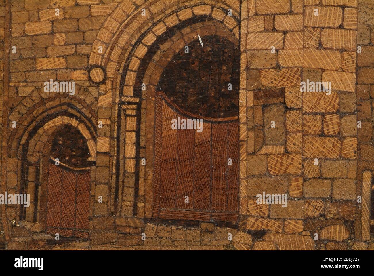 Tunbridgeware Picture, Battle Abbey, 1800-50 Mosaico pannello di Battle Abbey fatto nel laboratorio Fenner e Nye, forse già nel 1820. Si tratta di un pezzo altamente specializzato che utilizza diverse sfumature di mosaico di legno per ottenere un aspetto quasi acquerello. Il costruttore è in grado di mostrare l'abbazia in prospettiva aumentando la dimensione dei blocchi di legno da sinistra a destra. Storia sociale, legno, Mosaico Foto Stock