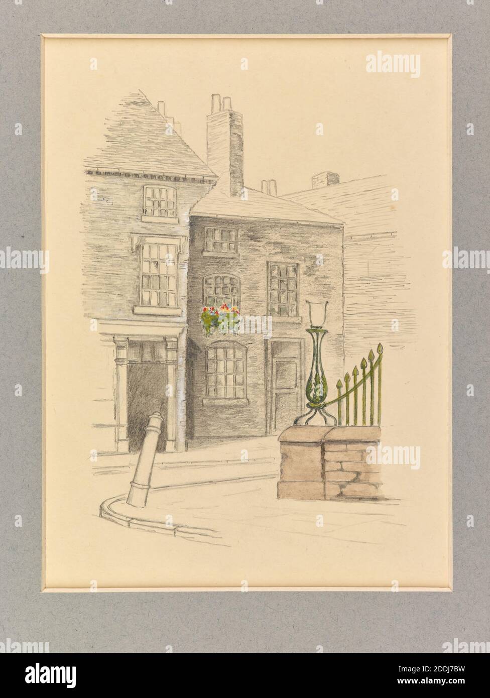 Vista topografica di Birmingham, Pencil Drawing Houses e angolo di ponte sul fiume Rea, Digbeth, Birmingham da F. Chamberlain, storia sociale, viste topografiche, Inghilterra, Midlands Foto Stock