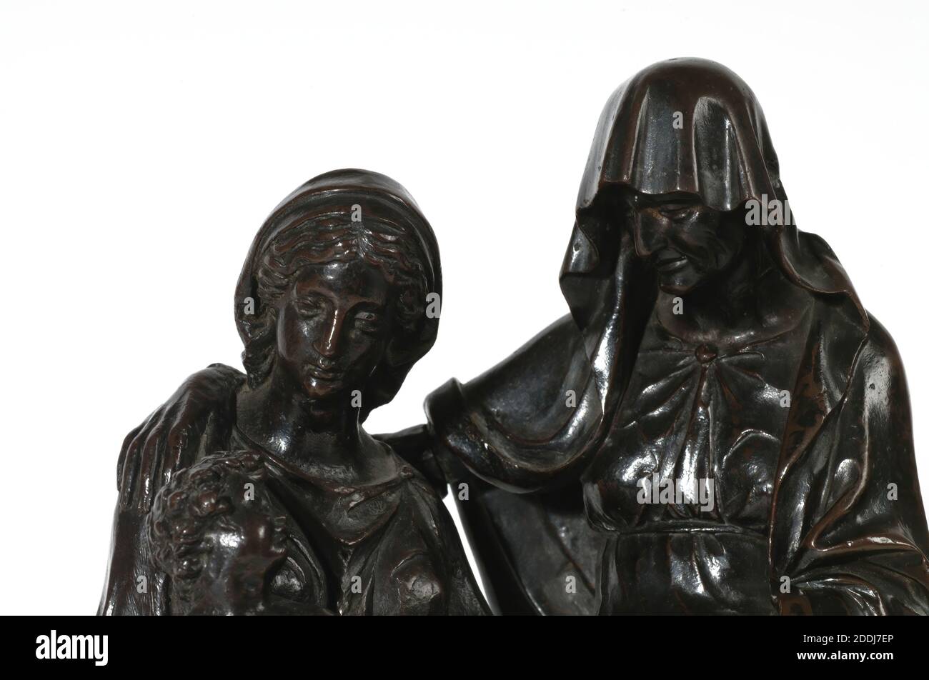 Vergine col Bambino con Sant'Anna, 1500-1525 Andrea Sansovino, Sansovino fu il principale scultore veneziano del Rinascimento, anche se la sua fama fu offuscata da quella del suo contemporaneo Michelangelo. Il soggetto di Sant'Anna con la figlia, la Vergine e il Cristo Bambino nell'arte rinascimentale italiana è meglio conosciuto attraverso diversi dipinti di Leonardo da Vinci da cui deriva il trattamento di Sansovino, scultura, metallo, bronzo, religione, Santa, religione, Vergine Maria Foto Stock