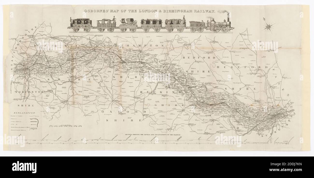 Incisione, mappa di Osborne di Londra e Birmingham Railway, 1830, Route of the London & Birmingham Railway. Inscritto 'Osborne's Map of the London & Birmingham Railway. Ridotto dall'Ordnance Survey e inciso da D.Smith 71, GT. Charles St Birm.', viste topografiche, Scienza e industria, piano, storia di Birmingham, Mappa, Ferrovia, Trasporti, treno Foto Stock