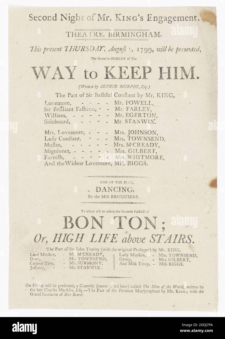 Theatre Bill, Birmingham Theatre, 1799, Storia sociale, Teatro, Danza, storia di Birmingham, Teatro, Performer Foto Stock