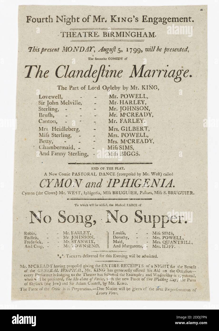 Theatre Bill, Birmingham Theatre, 1799, Storia sociale, Musica, Teatro, Danza, storia di Birmingham, Teatro, Performer Foto Stock