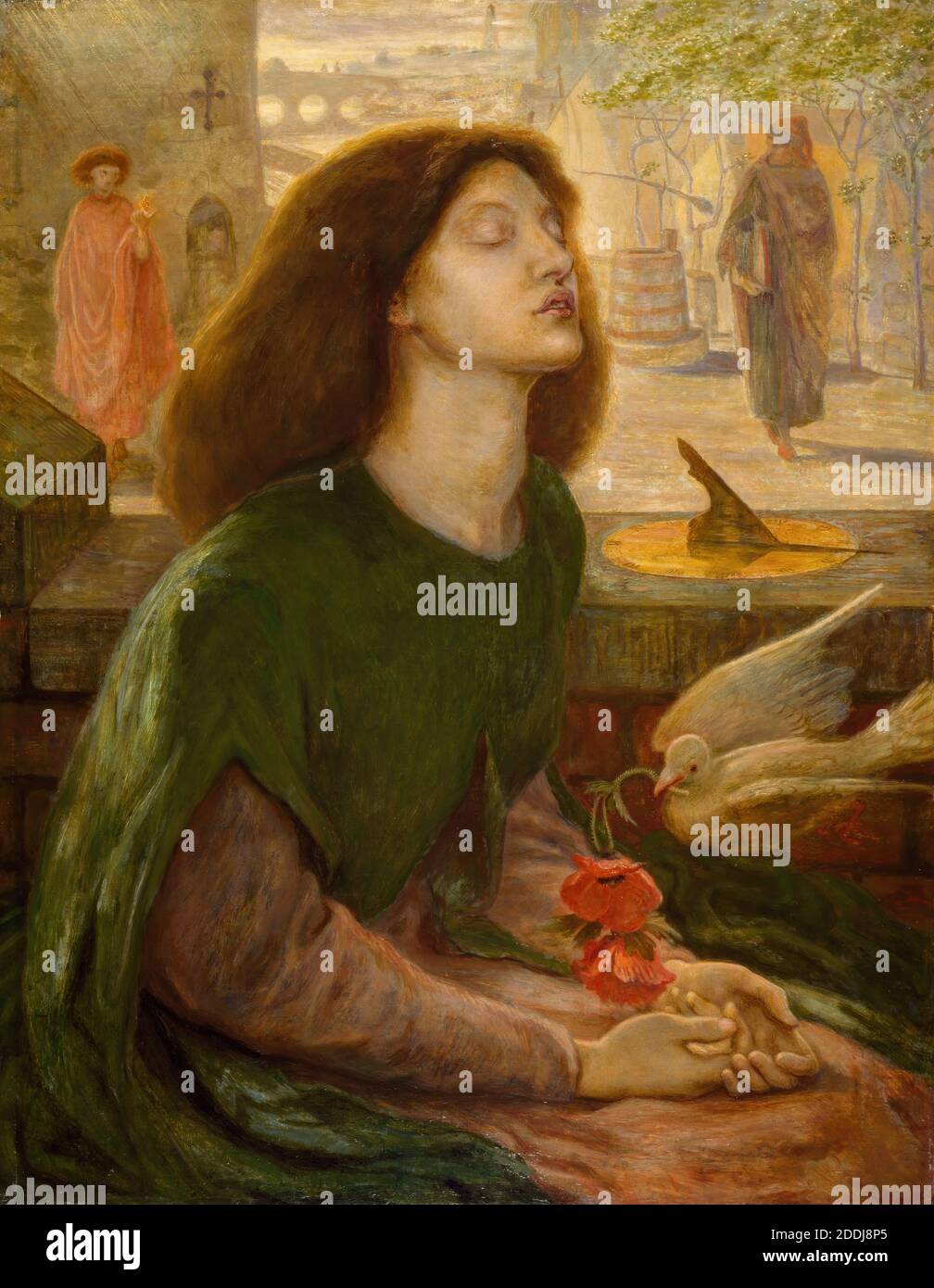 Beata Beatrice, 1877 olio su tela artista: Dante Gabriel Rossetti anche: Ford Madox Brown, Beato Beatrice. Una giovane donna viene mostrata seduta e a metà lunghezza al momento della sospensione tra vita e morte. Sullo sfondo Dante è mostrato guardando attraverso la figura di Amore., movimento d'Arte, Pre-Raphaelite, dipinto ad olio, Fiore, Poppy, uccello, dove, meridiana, Dante, Letteratura, Poesia Foto Stock