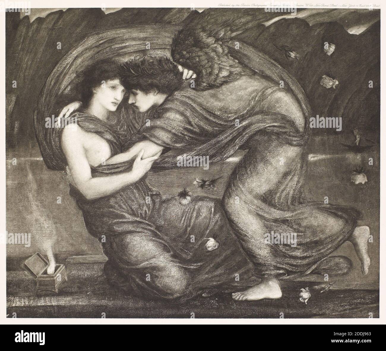 Cupid delivery Psiche,1900 dopo: Sir Edward Burne-Jones (d.1898) Editore: Berlin Photographic Company, 19 ° secolo, mitologia greca, Stampa, Fiore, Bianco e nero, Stampa fotografica, Photograpure, Female, Male, Goddesse, Royal, Principessa Foto Stock