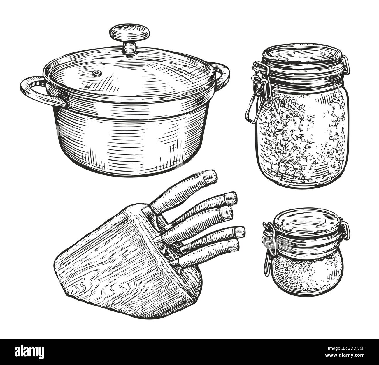 Schizzo di stoviglie. Cucina, concetto di cibo vintage illustrazione vettoriale Illustrazione Vettoriale