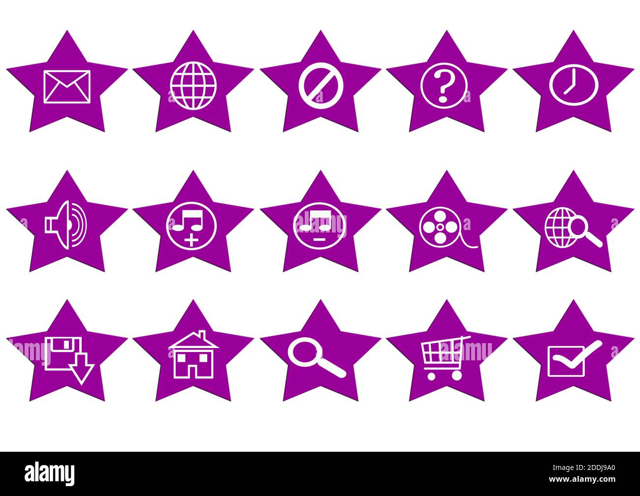 Icona Web impostata in un pulsante viola a forma di stella, varie icone impostate Foto Stock