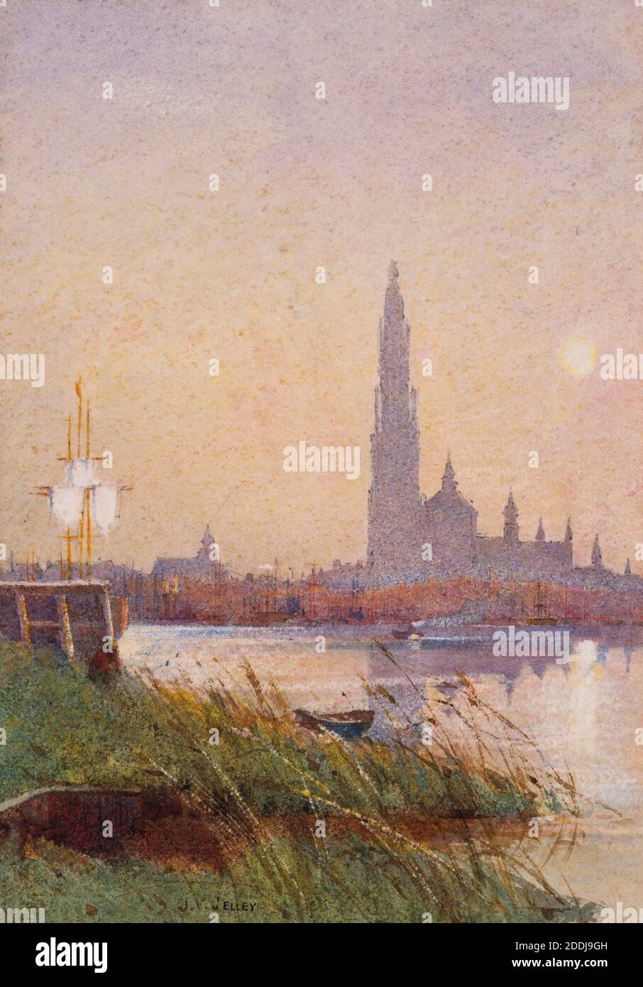 River Scene, 1887 di James Valentine Jelley, Boat, Watercolor, River, Skyline, Sunset Foto Stock