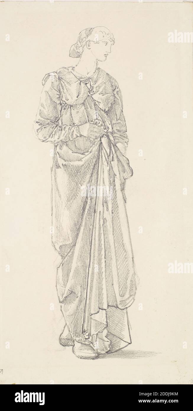 The Garland Weavers, Drappery Study, 1866-1867 artista: Edward Burne-Jones figura a lunghezza intera, testa vista nel profilo, tendaggi., movimento artistico, Pre-Raphaelite, disegno, matita, Donne, opere su carta Foto Stock