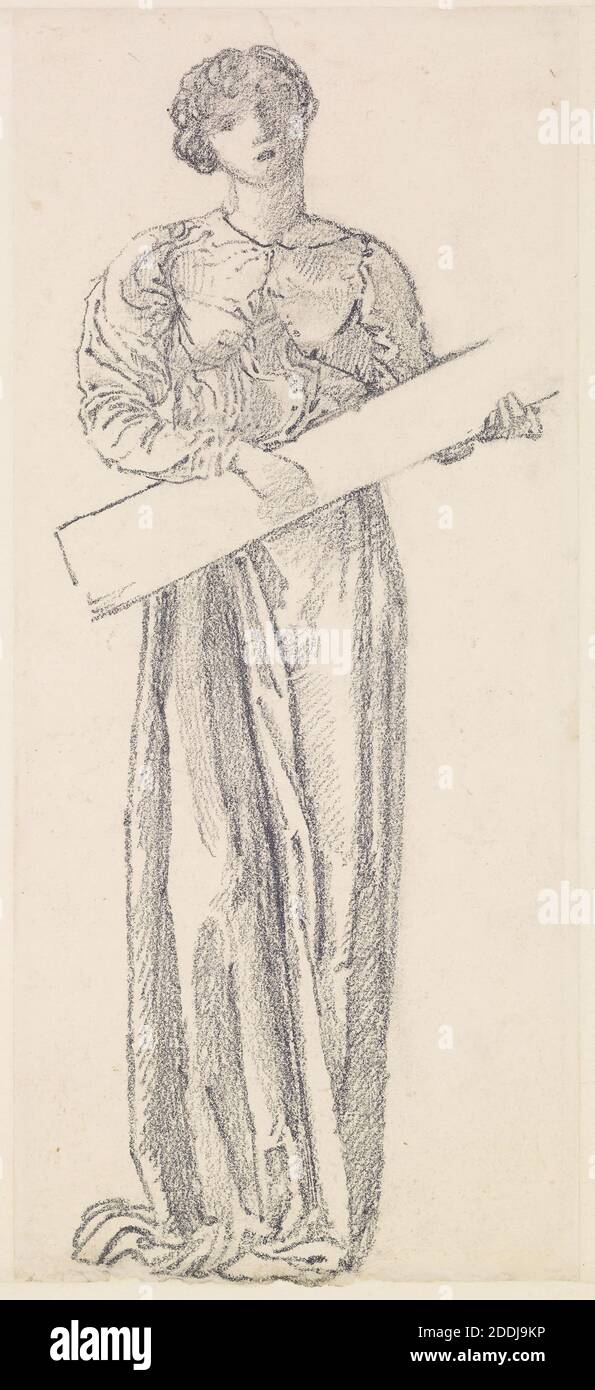 The Garland Weavers, Drappery Study, 1866-1867 Artist: Edward Burne-Jones, Full length figure study, holding outline of musical Instrument., Art Movement, Pre-Raphaelite, disegno, matita, opere su carta Foto Stock