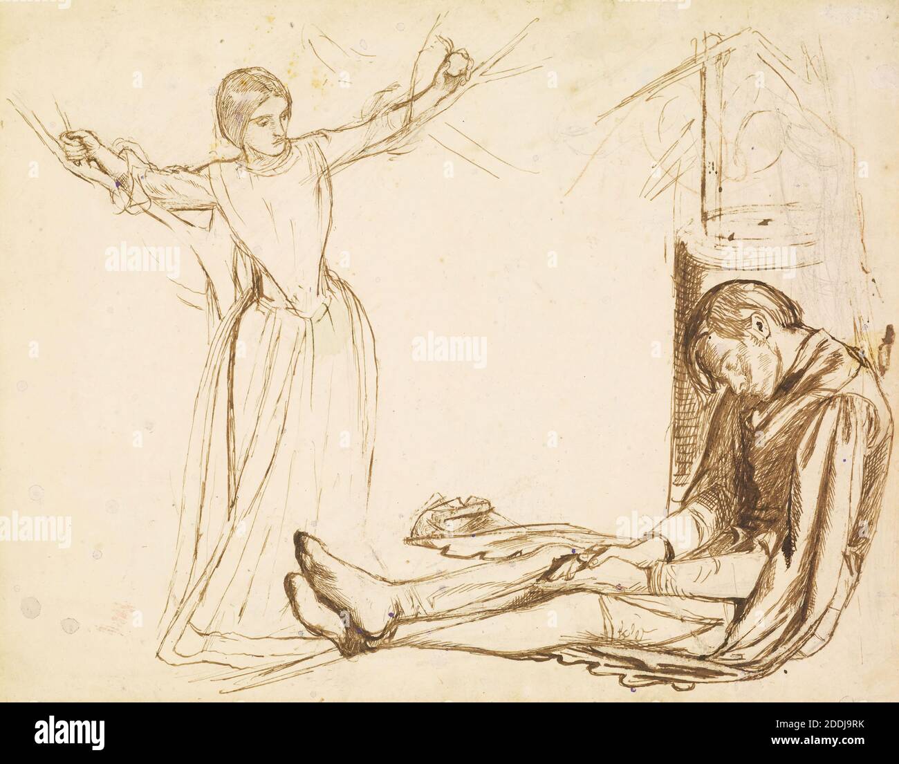 Launcelot al Santuario del Sacro Graal, 1857 Studio per le figure di Guenevere e Launcelot per la visione di Sir Launcelot artista: Dante Gabriel Rossetti Brown Pen e inchiostro sopra la matita con tocchi di gesso rosso e piccoli schizzi di colore accidentale, su carta, movimento artistico, Pre-Raphaelite, 19 ° secolo, schizzo Foto Stock