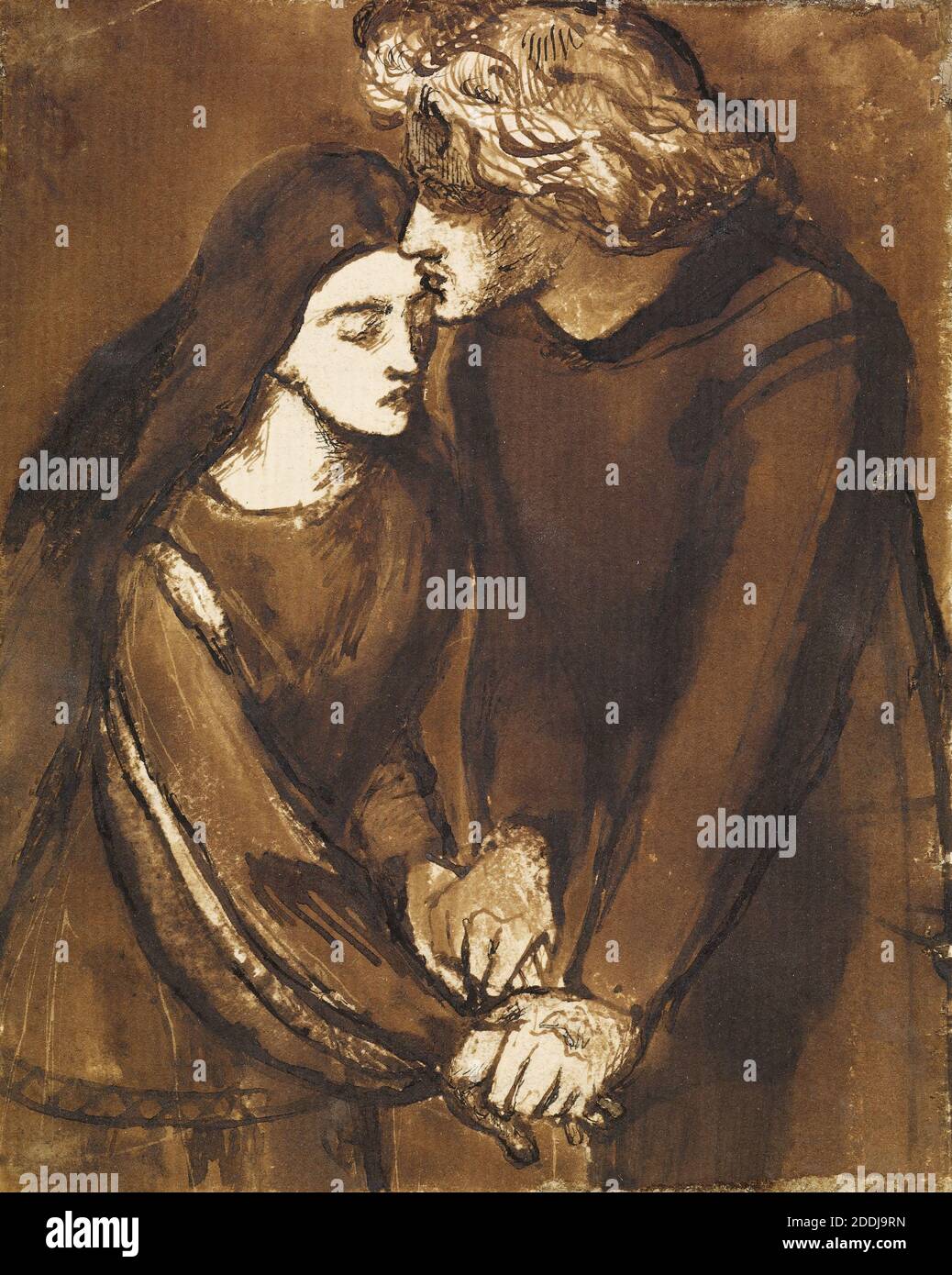 Due amanti, 1850 Dante Gabriel Rossetti, disegno, inchiostro, schizzo, Pre-Raphaelite, Donna, maschio, Wash disegno Foto Stock