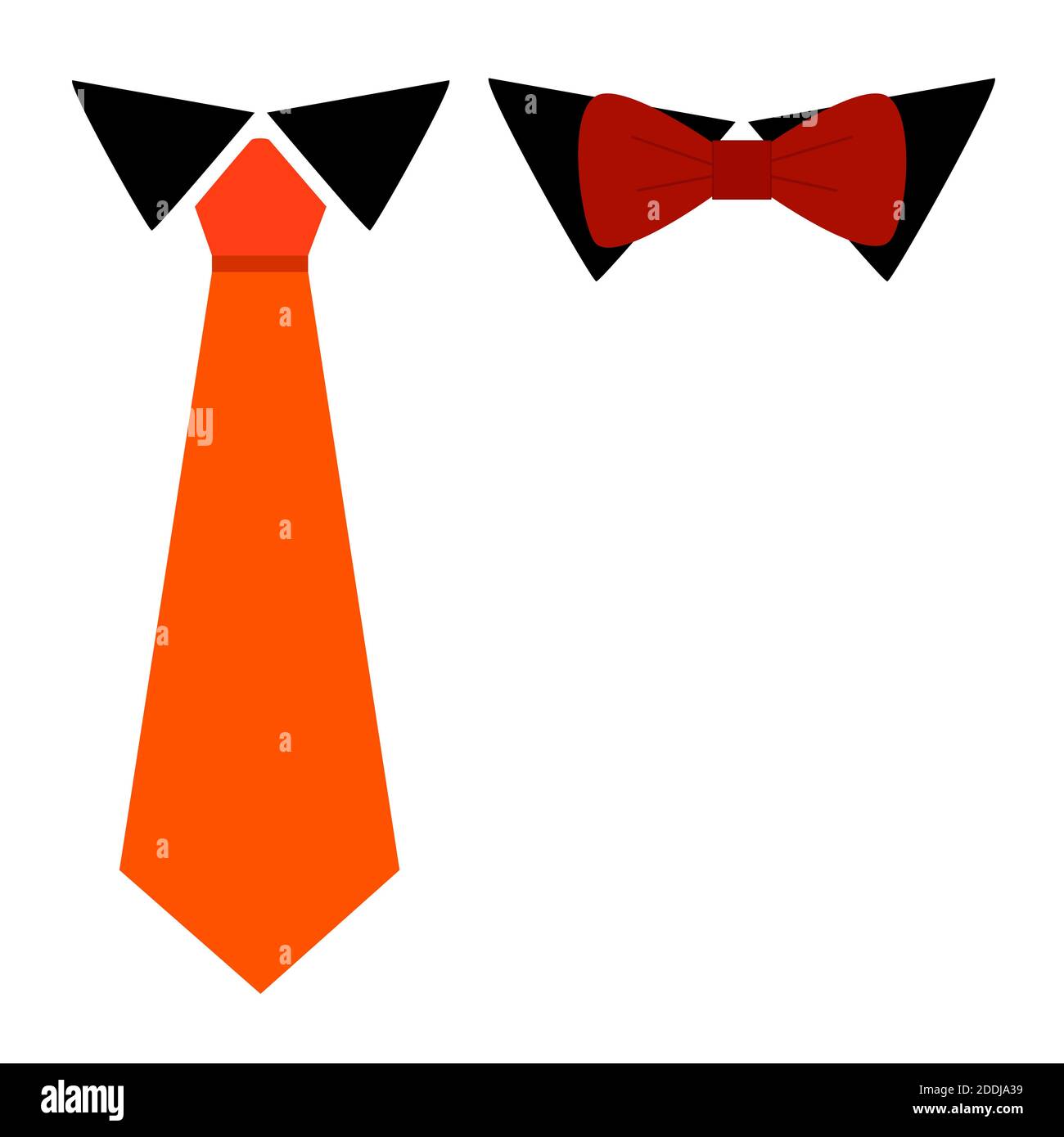 Cravatta classica e Bow Tie, cravatta colorata di carota e cravatta bow bordeaux su camicia nera accessori colletto piatto stile semplice, isolato su bianco. Illustrazione Vettoriale