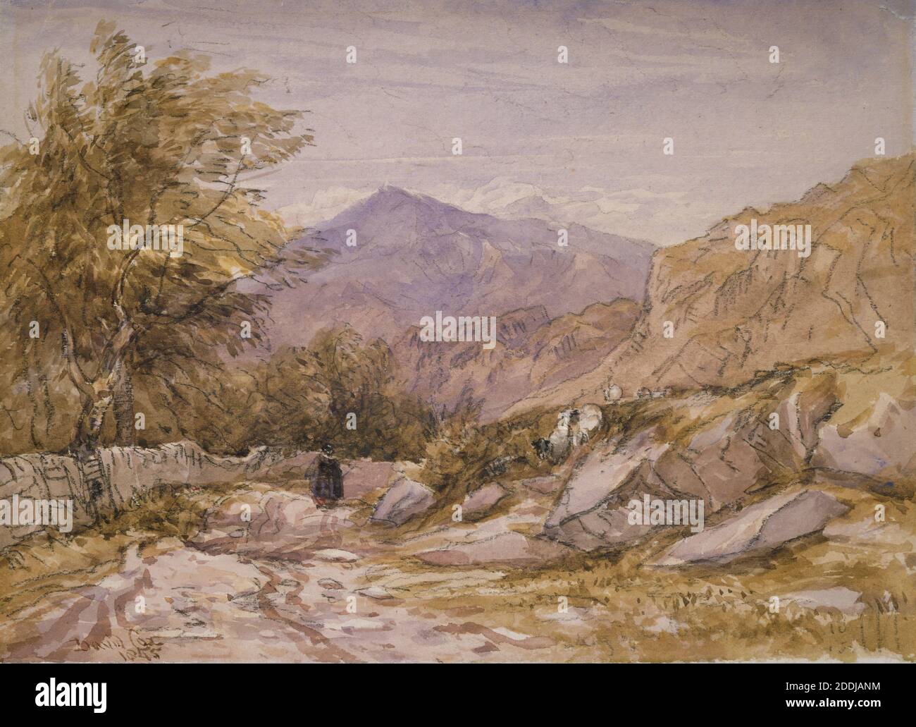 A Welsh Mountain Road, 1845 by David Cox, Landscape, Mountain, Watercolor, Wales Foto Stock