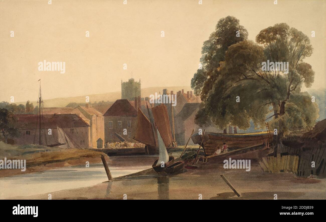 The Quay Side, Newport, Isle of Wight, 1814 di Peter De Wint. Landscape, Watercolor, English, Harbour, UK, Britain, Europe, Boat, Vessel, Sailing-Boat, Houses, Church, Tree Foto Stock