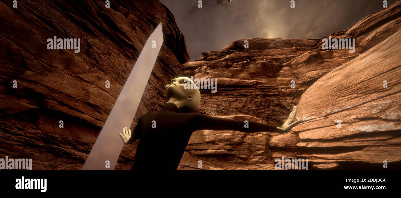 Oggetto Alien Monolith Metal con Alien Grigio nel deserto. Immagine 3d estremamente dettagliata e realistica ad alta risoluzione. Foto Stock