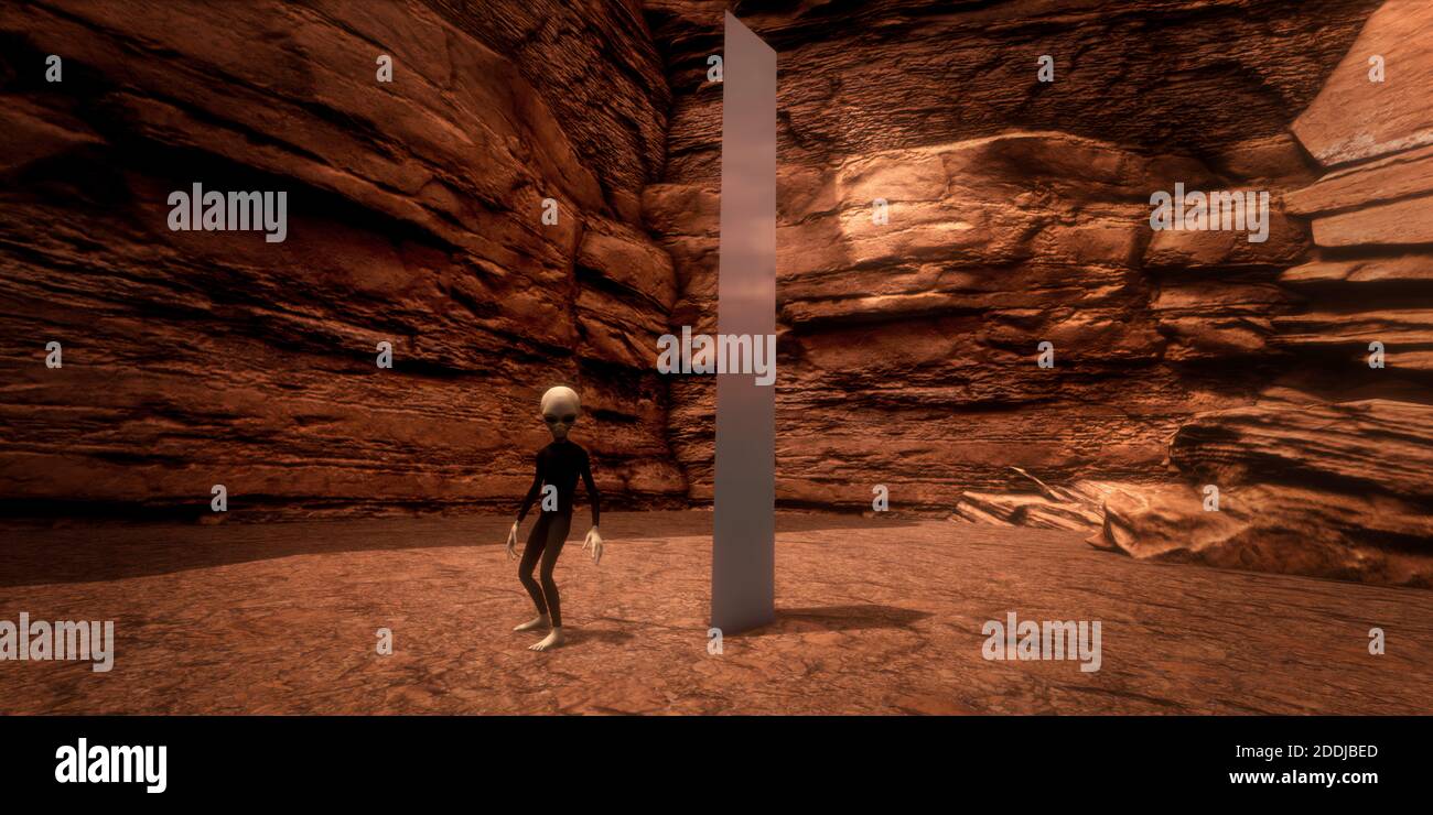 Oggetto Alien Monolith Metal con Alien Grigio nel deserto. Immagine 3d estremamente dettagliata e realistica ad alta risoluzione. Foto Stock