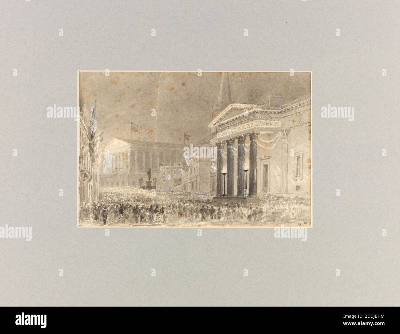 Vista topografica di Birmingham, disegno di lavaggio di acquerello New Street e la Royal Birmingham Society of Artists (RBSA). Celebrazioni di strada del matrimonio del Principe di Galles con la Principessa Alexandra di Danimarca, 10 marzo 1863 da Henry Harris, Storia sociale, viste topografiche, Inghilterra, Midlands Foto Stock