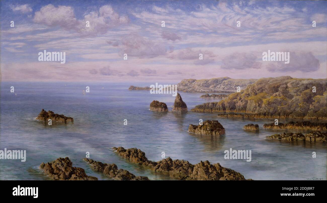 Southern Coast of Guernsey, 1875 parte delle Isole del canale artista: John Brett, Paesaggio, cielo blu, Nubi-Pre-Raphaelite, Mare, Mare, Mare, rocce, Shore, Costa, onde Foto Stock