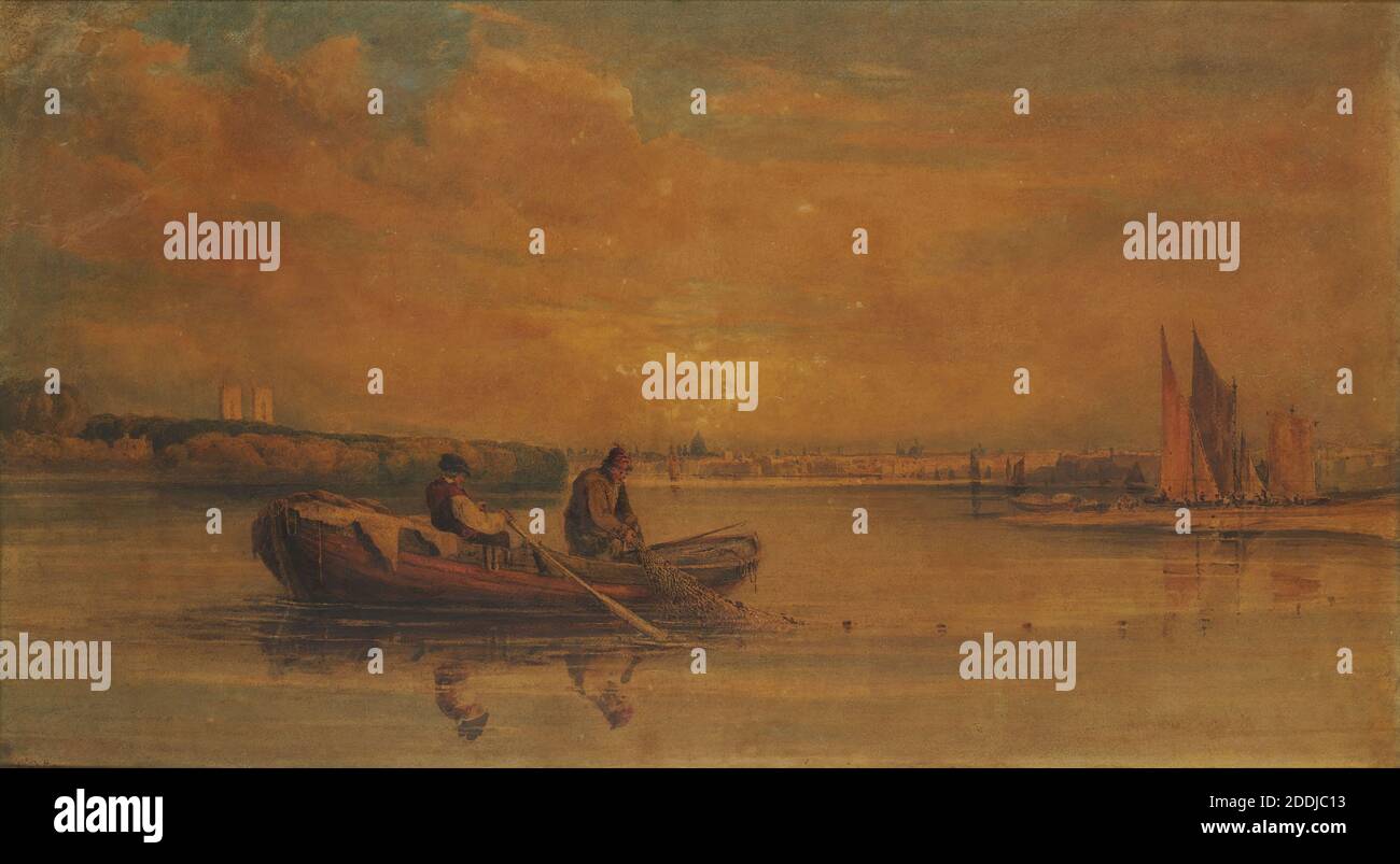 Londra dal Tamigi sopra Westminster, 1810 David Cox, Boat, Landscape, Watercolor, England, Frame, River, Thames, Ship, Works on Paper Foto Stock