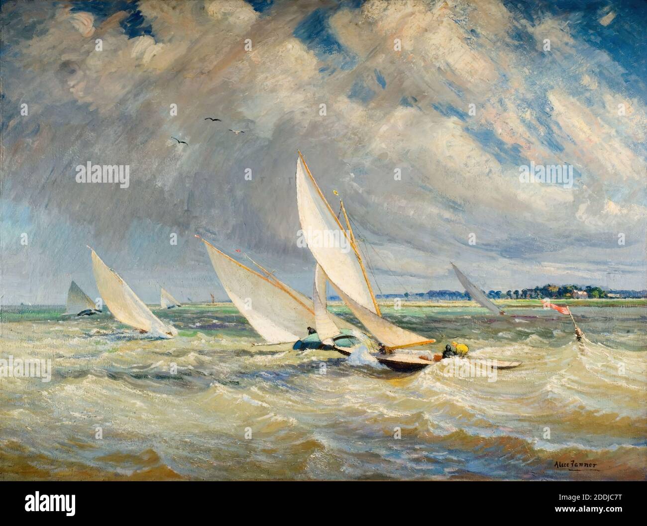Yacht Racing in Bad Weather, Burnham-on-Crouch, 1919 di Alice Maude Taite Fanner (d.1930), Barca, vela, dipinto ad olio, Mare, Seape, onde, Cielo, Meteo, Vento, Costa, Spiaggia, Arte Marina, nave, Nautica, Marittimo Foto Stock
