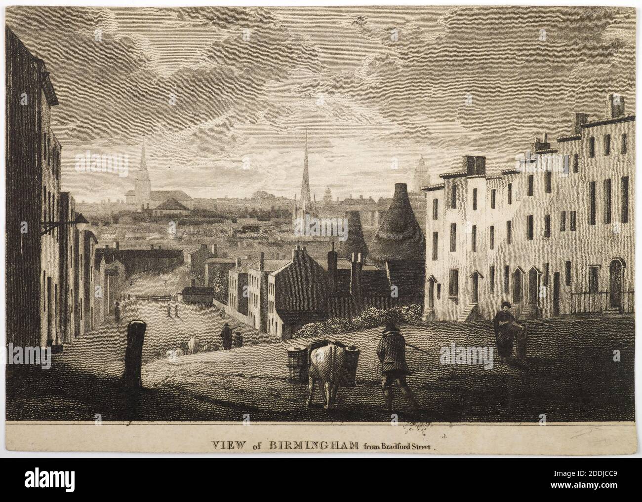 Incisione, Vista di Birmingham da Bradford Street, 1816 attribuito a William Dugdale, viste topografiche, storia di Birmingham Foto Stock