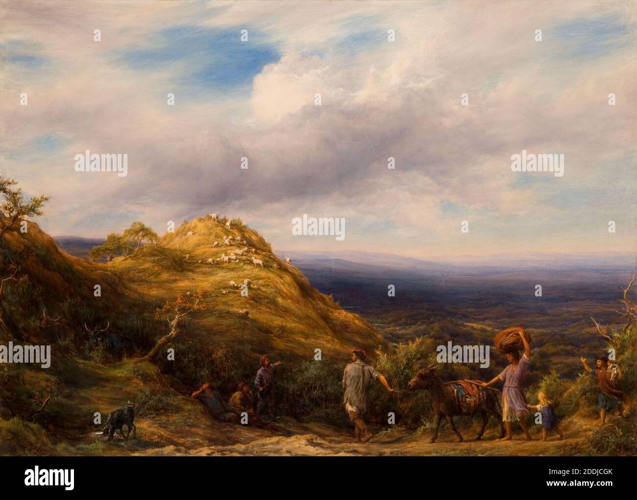 Una valle boscosa e collina, 1865 William Linnell (m. 1909), Paesaggio, Pittura ad olio, Nuvola, animale, pecora, animale, asino, Bosco Foto Stock