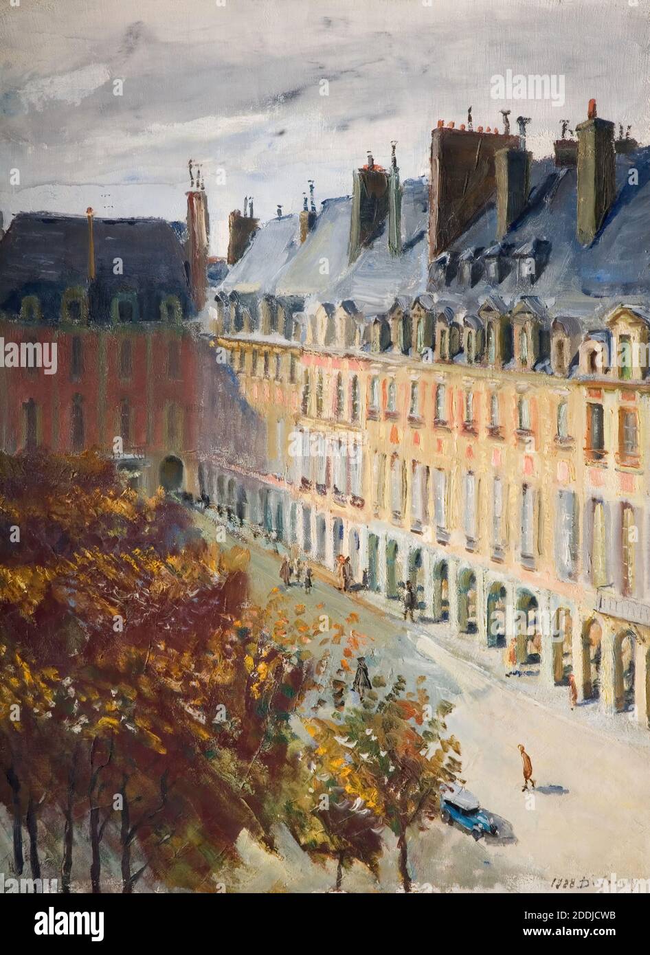 La Place Des Vosges, 1928 di Georges Leon Dufrenoy, scena di strada, paesaggio urbano, movimento d'Arte, Post-impressionismo, Parigi Foto Stock