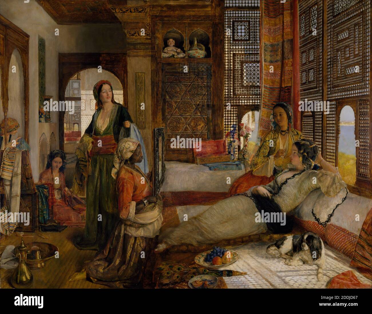 The Harem, 1876 John Frederick Lewis, dipinto ad olio, Egitto, Donne, animale, cane, Spagnolo, Femminile, frutta, movimento artistico, orientalismo Foto Stock