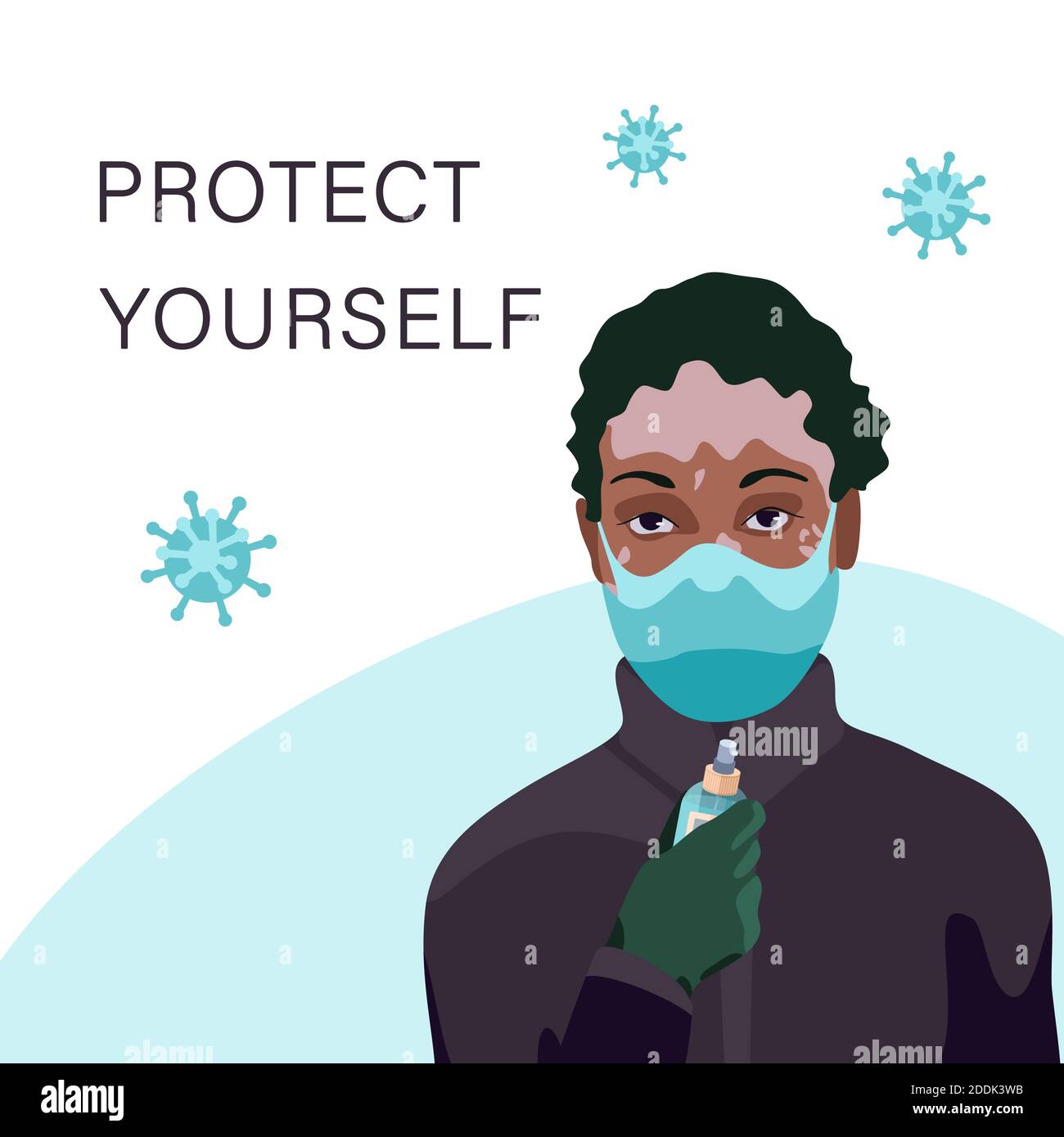 Donna vitiligina in maschera su sfondo bianco. Proteggersi testo per banner o propaganda sociale, promozione igiene, poster medico. Logo della farmacia Illustrazione Vettoriale