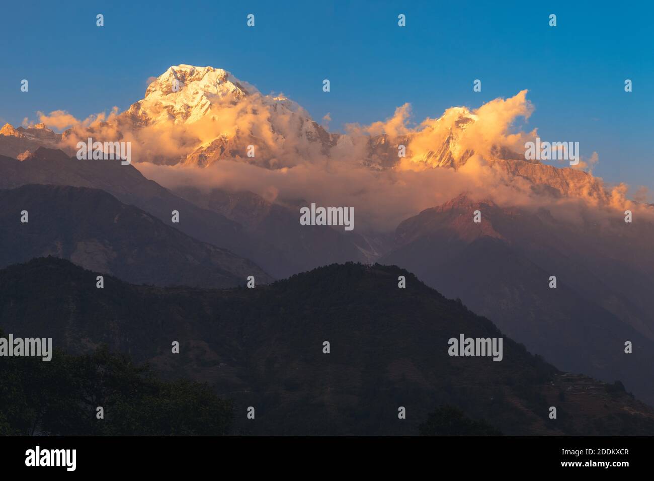 Scenario del massiccio di Annapurna in Nepal al crepuscolo Foto Stock