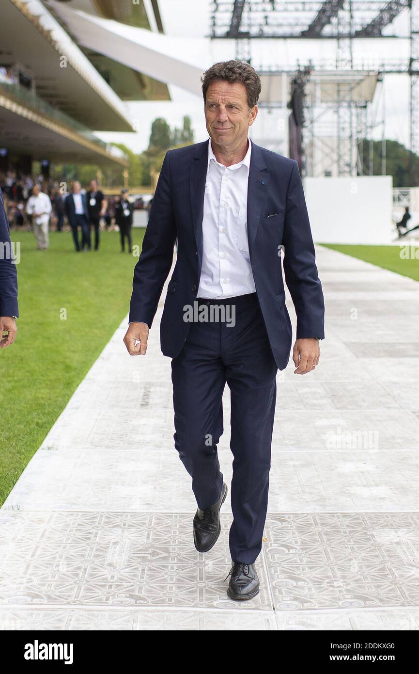 Associazione dei datori di lavoro francese il Presidente Medef Geoffroy Roux de Bezieux partecipa all'apertura dell'associazione dei datori di lavoro francesi (Medef) "Rencontre Des Entrepreneurs", riunione estiva presso l'ippodromo di Longchamp a Parigi, il 28 agosto 2019. Foto di Eliot Blondt/ABACAPRESS.COM Foto Stock