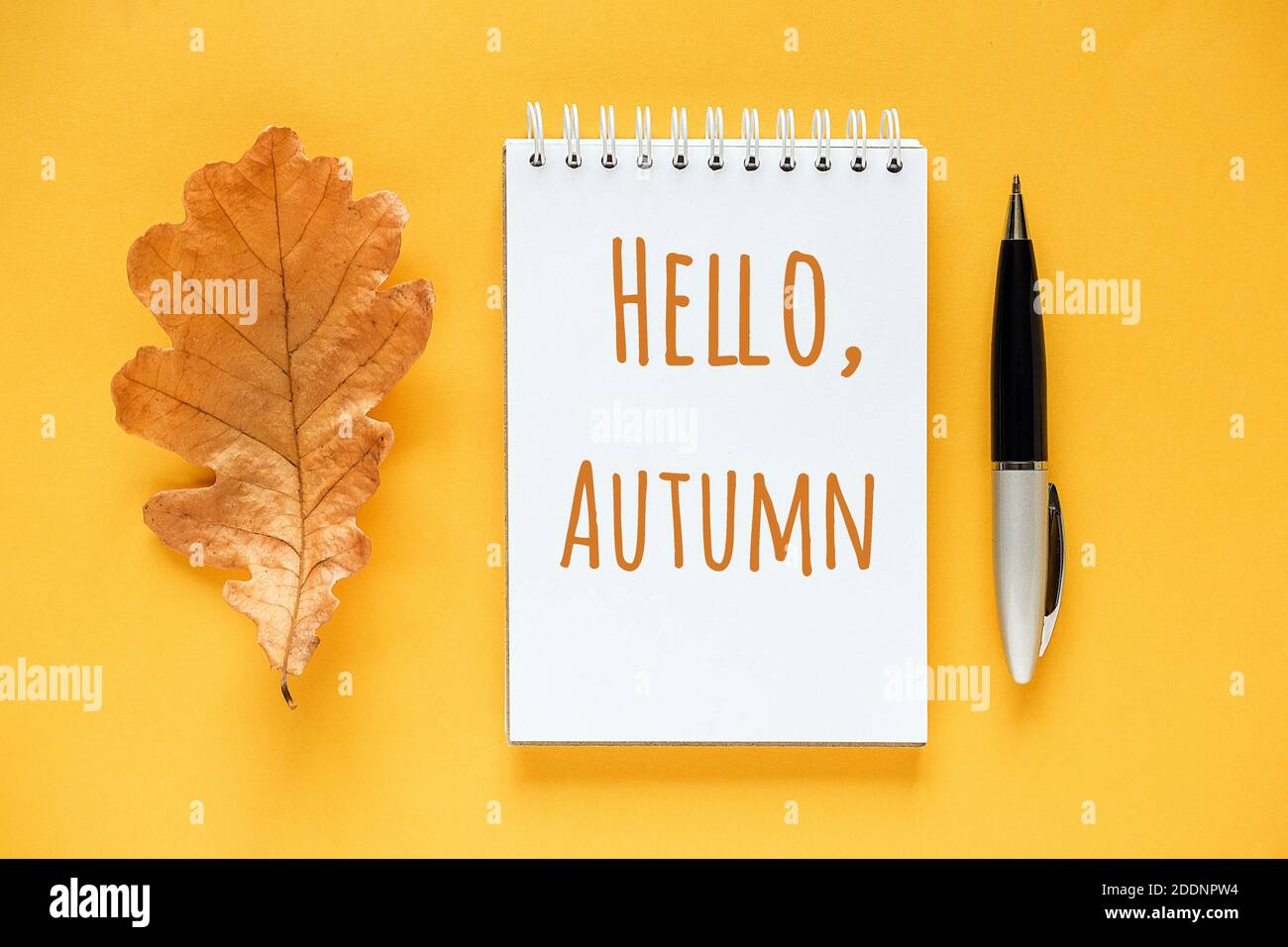 Ciao testo autunnale in blocco note, foglia di quercia arancione essiccata e penna su sfondo giallo. Biglietto d'auguri Flat Lay con vista dall'alto. Foto Stock