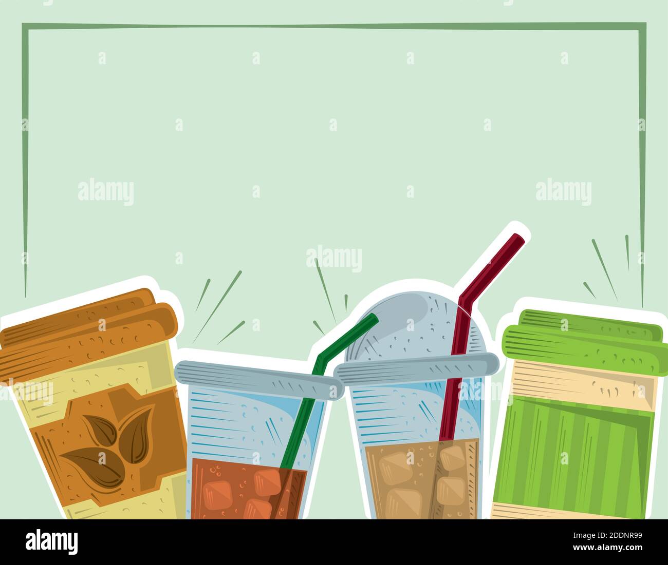 tazze monouso in plastica per tè con vettore ghiaccio e carta di paglia illustrazione Illustrazione Vettoriale