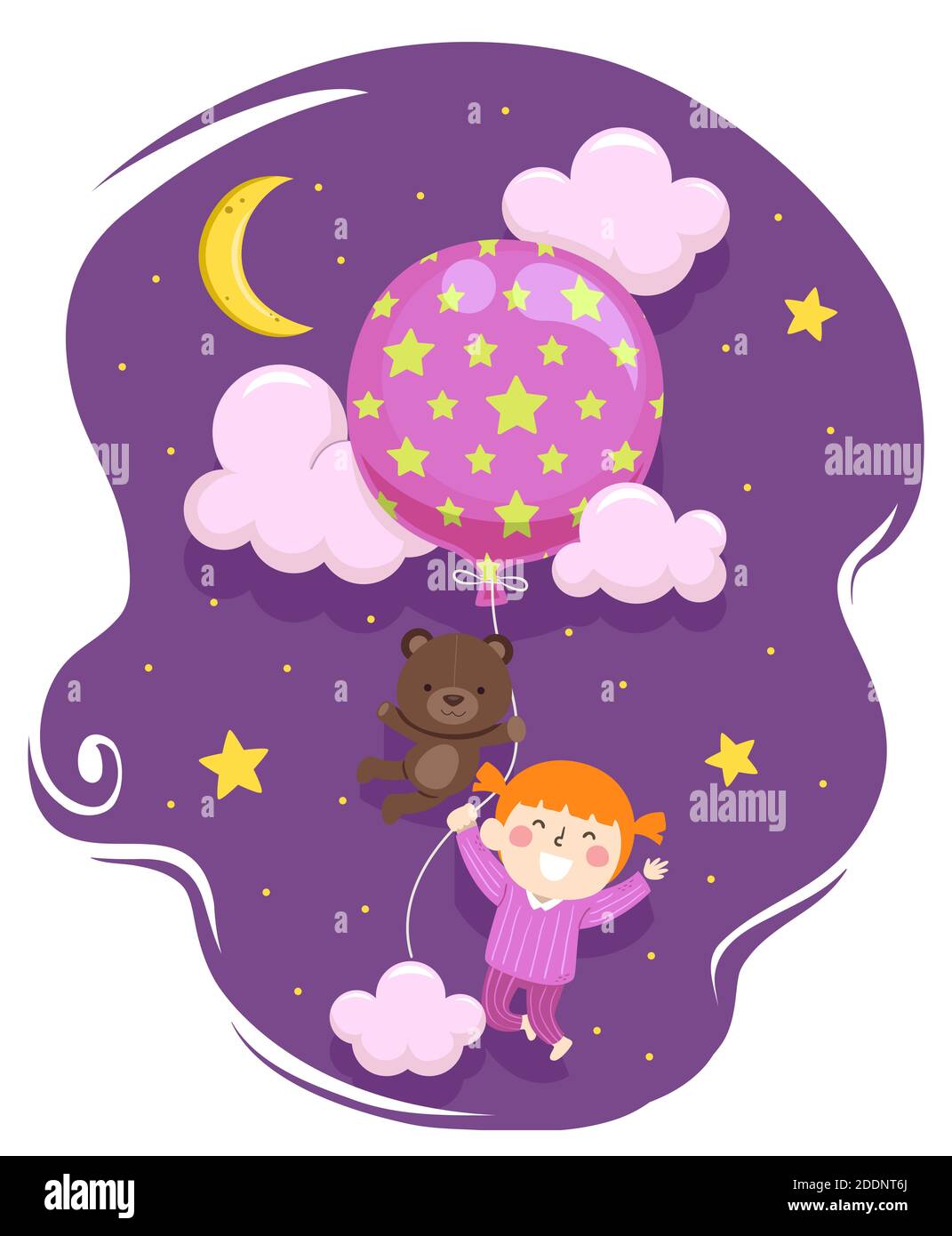 Illustrazione di una ragazza di Kid in Pajamas con l'orso di Teddy Giocattolo trasportato da una mongolfiera sotto il cielo notturno Foto Stock