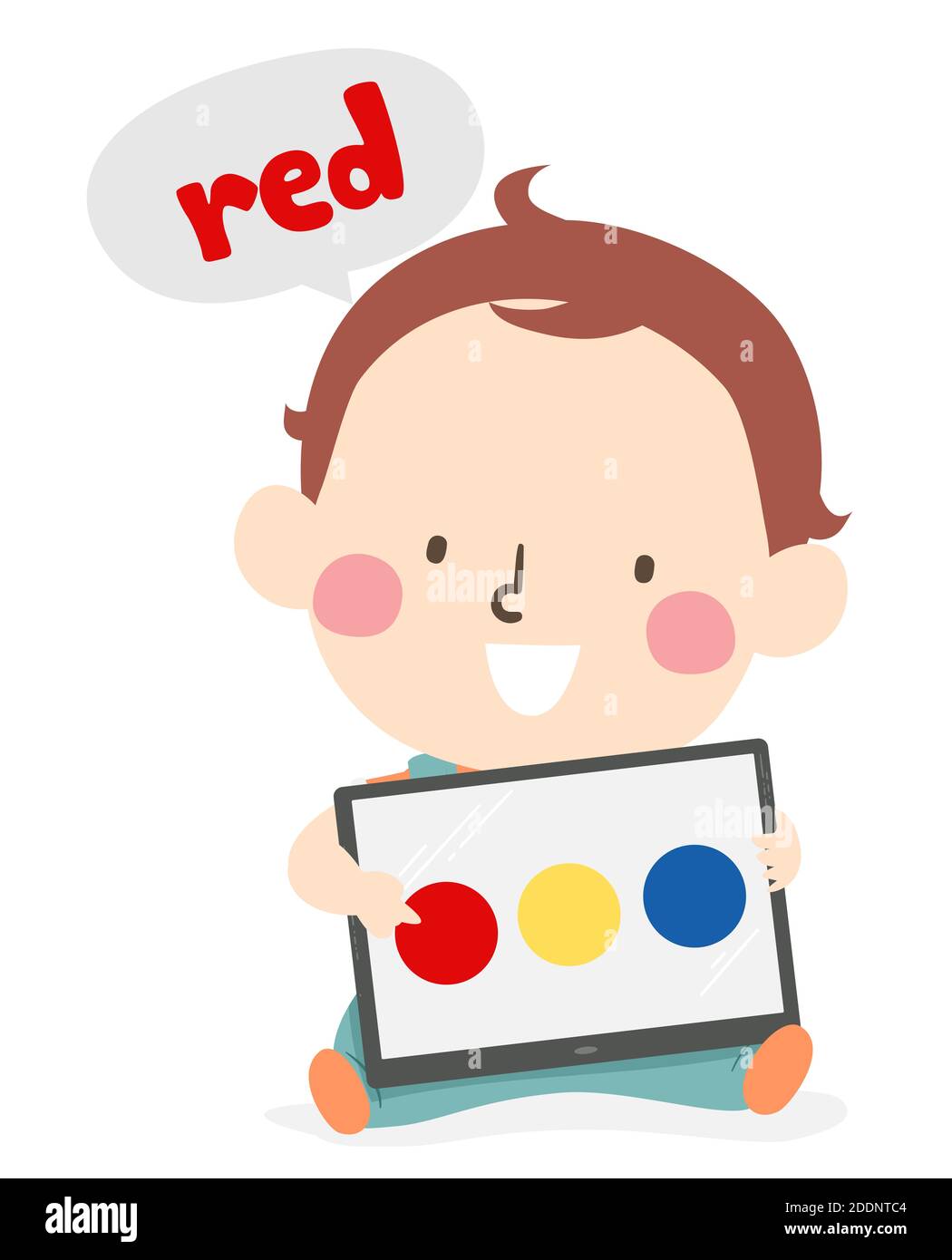 Illustrazione di un bambino del ragazzo del capretto che dice il colore lui Sta puntando da un'applicazione a colori utilizzando il tablet Foto Stock