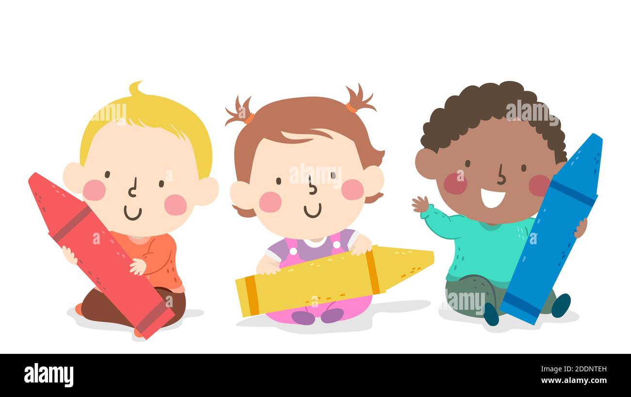 Illustrazione dei bambini che tenono i pastelli in colori primari. Colori rosso, giallo, blu Foto Stock