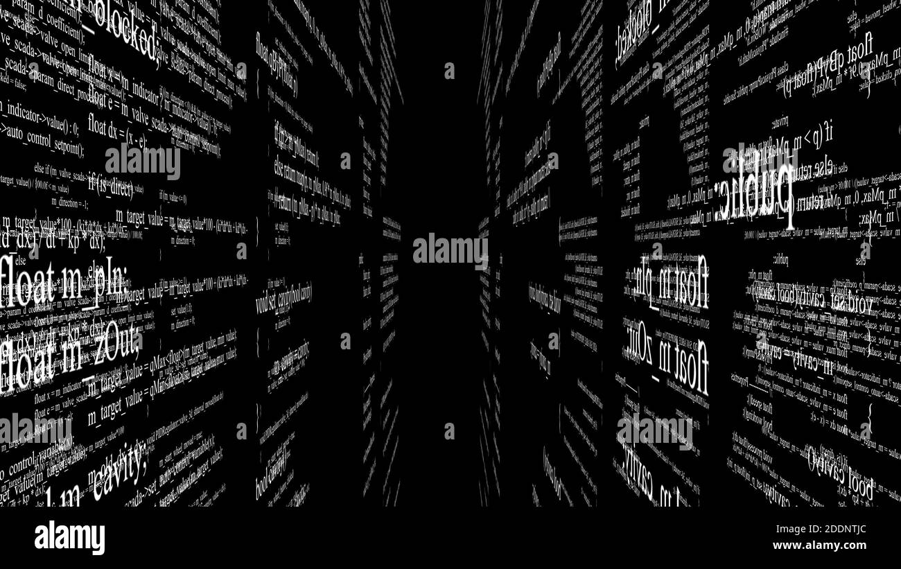 Codice di programma digitale astratto in blocchi su sfondo nero Foto Stock