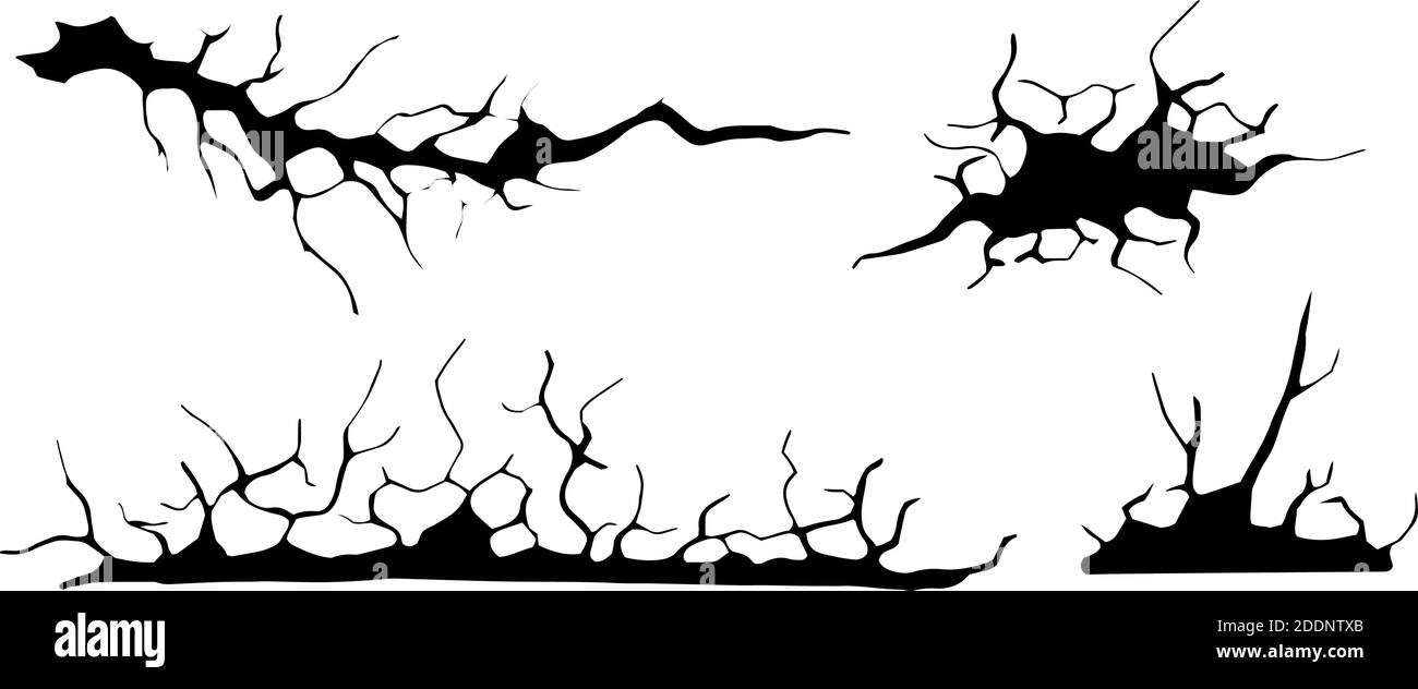 Crepe di terra impostate. Sisma e crepe di terra, effetto di buco, craquelure e tessuto di parete danneggiato. Illustrazioni vettoriali terremoto, crash, distruzione Illustrazione Vettoriale