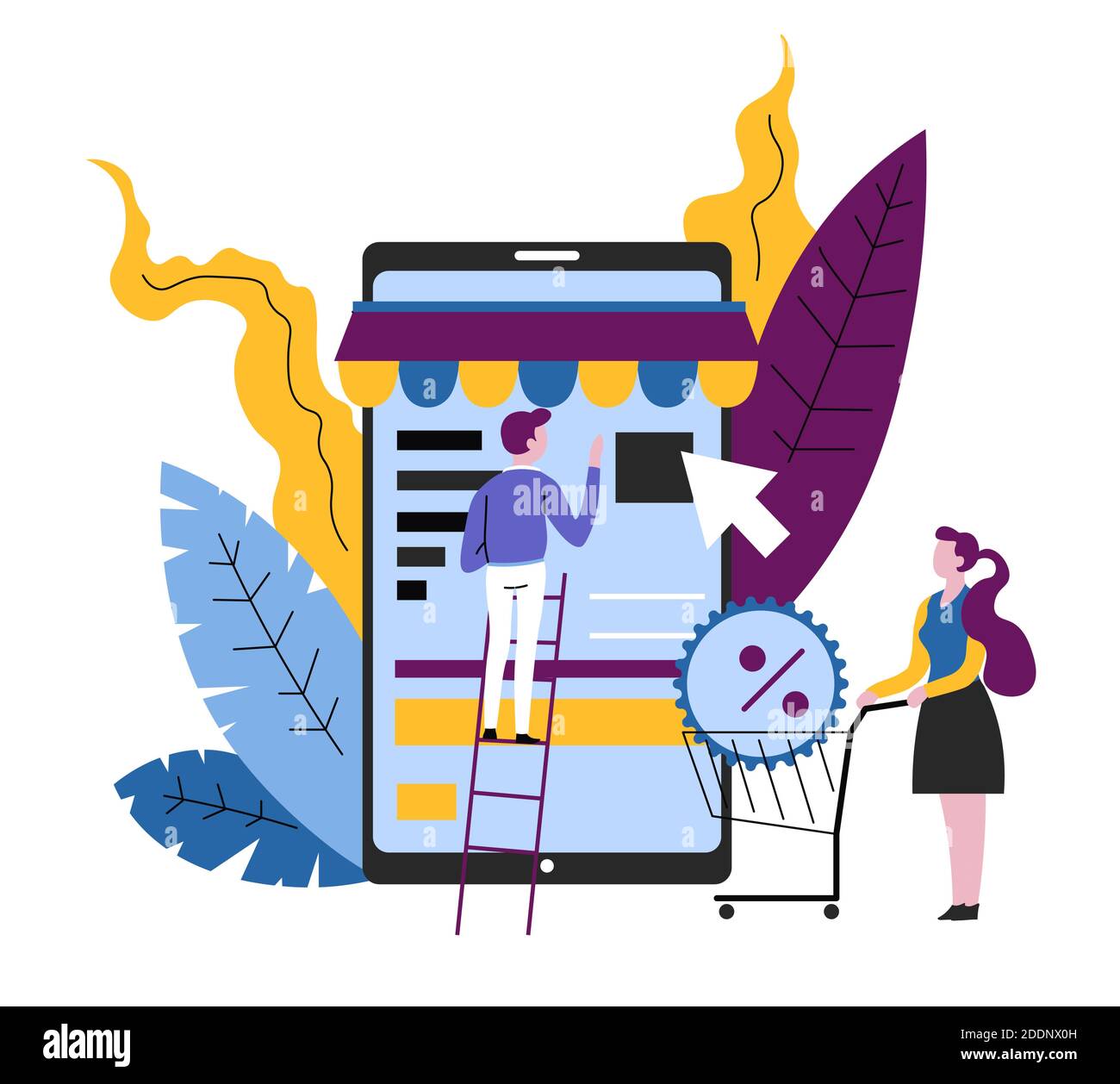 Smartphone app online shopping donna con carrello supermercato Illustrazione Vettoriale