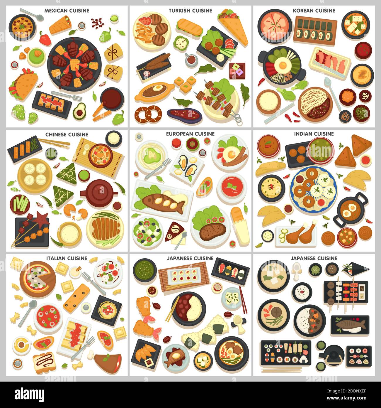 Cucina internazionale menu cibo e piatti di cucina viaggiare Illustrazione Vettoriale